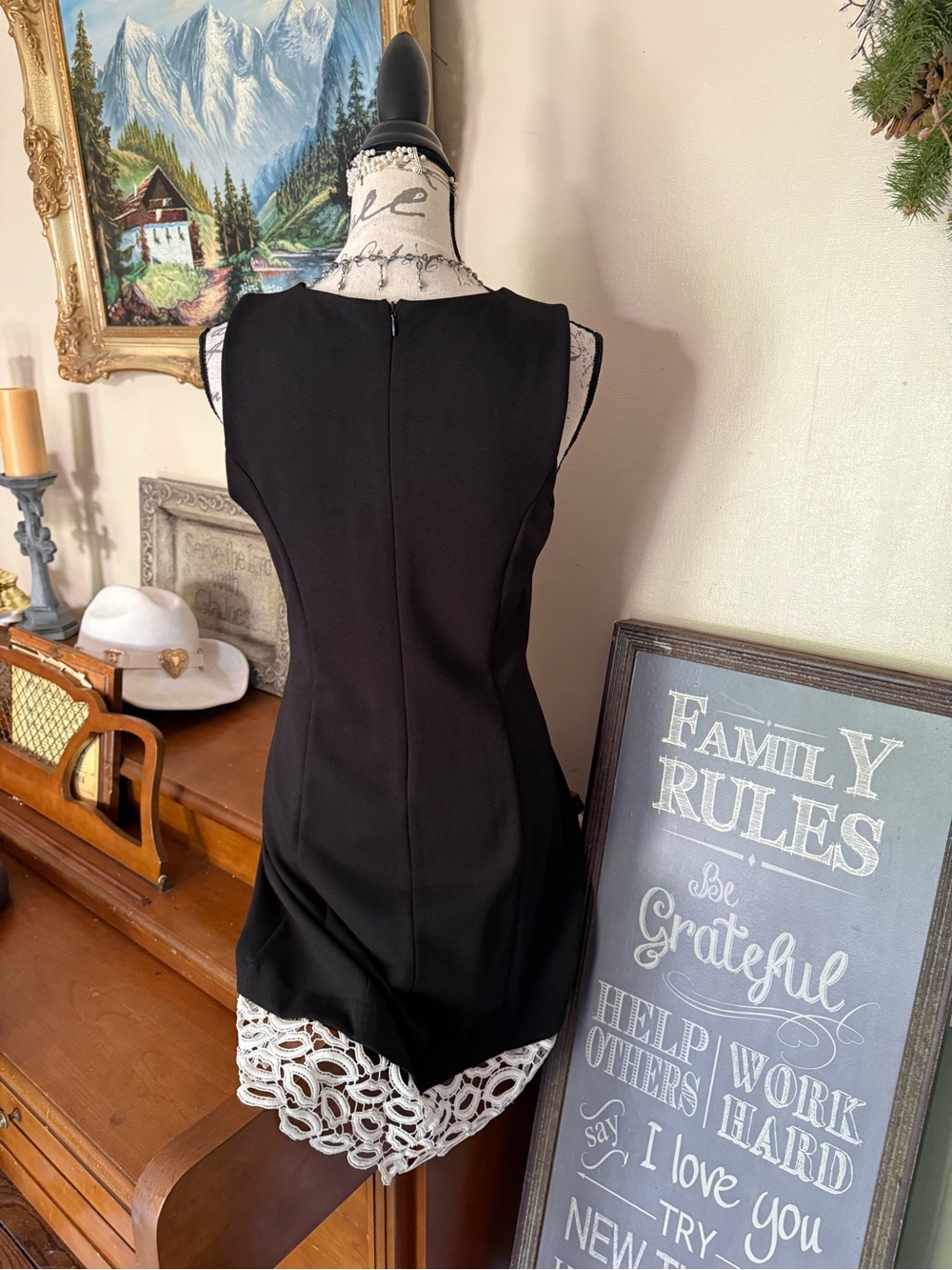 Betsey Johnson Black Sleeveless Dress Size 8 White Lips Lace Hem Fit & Flare - Picture 5 of 8